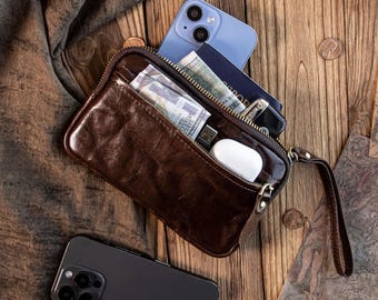 Bolso de mano de cuero artesanal con doble cremallera, cartera y monedero vintage, funda grande para teléfono