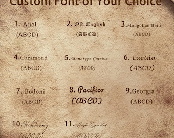 以下が含まれることがあります： 羊皮紙風のテクスチャ背景に「Custom Font of Your Choice」というテキストと、11種類のフォントの番号付きリストが表示されています。1. Arial、2. Old English、3. Mongolian Baiti、4. Garamond、5. Monotype Corsiva、6. Lucida、7. Bodoni、8. Pacifico、9. Georgia、10. Windsong、11. High Spirited。それぞれにそのフォントのABCDの文字が添えられています。