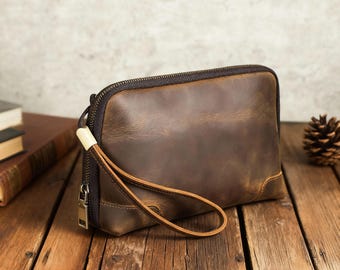 Handgemaakte volnerf lederen schoudertasje clutch, vintage organizer met meerdere zakken, clutch handtas, telefoonzakje, uniseks cadeau