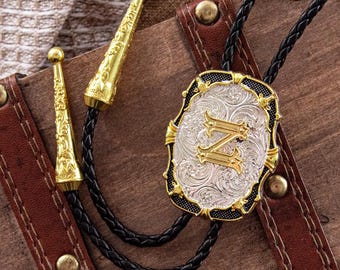 Monogramm Bolo Tie, Buchstabe Z, Cowboy Western Lederschnur