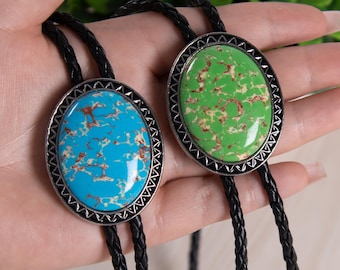 Handmade Southwestern Bolo Tie, Leather Cord, Cabochon Stone