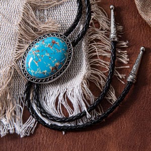 Wedding Bolo Tie, Bolo Ties with Leather Cord, Southwestern Blue Bolo Ties, Leather Necktie Accessories, Handmade Western Gifts for Him