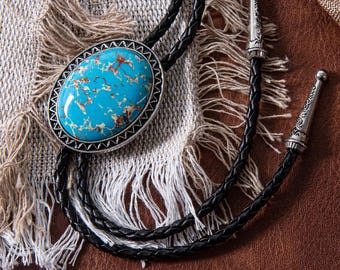 Handmade Southwestern Bolo Tie, Blue Stone Leather Necktie