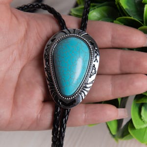 Cowboy Bolo Tie, Wedding Bolo Tie with Leather Cord, Southwestern Blue Stone Bolo Ties, Handmade Western Gifts for Him/Her, Men&#39;s Bolo Ties