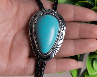 Handmade Cowboy Bolo Tie, Southwestern Blue Stone, Leather Cord