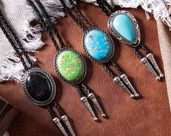 Bolo Tie with Leather Cord, Cowboy Bolo Tie, Wedding Bolo Tie, Southwestern Black Stone Bolo Tie, Men&#39;s Bolo Ties, Handmade Western Gifts