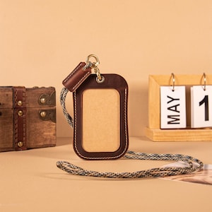 Custom Leather Badge Holder, Crazy Horse ID Card Case with Lanyard, Work Pass Holder, Bus Pass Card Sleeve, Office Accessory