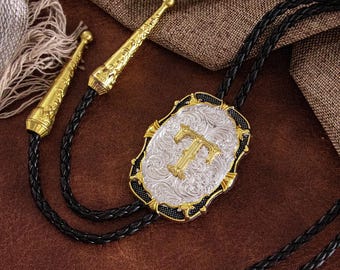 Monogramm-Bolo-Tie, Initial "T", Western-Lederkordel-Cowboy-Krawatte