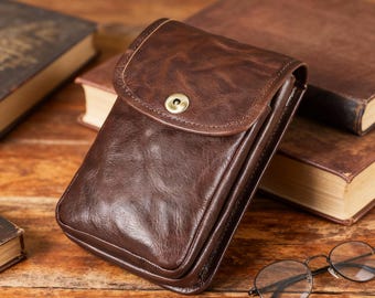 Top-Grain Leather Flip-Top Waist Bag for Men – Sporty Phone Holster Pouch with Snap Button and Adjustable Belt Clip, Rugged Gift for Him