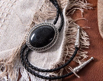 Cowboy Bolo Tie, Wedding Bolo Tie, Southwestern Black Stone Bolo Tie - Gifts for Him, Men&#39;s Bolo Ties, Handmade Western Gifts for Him