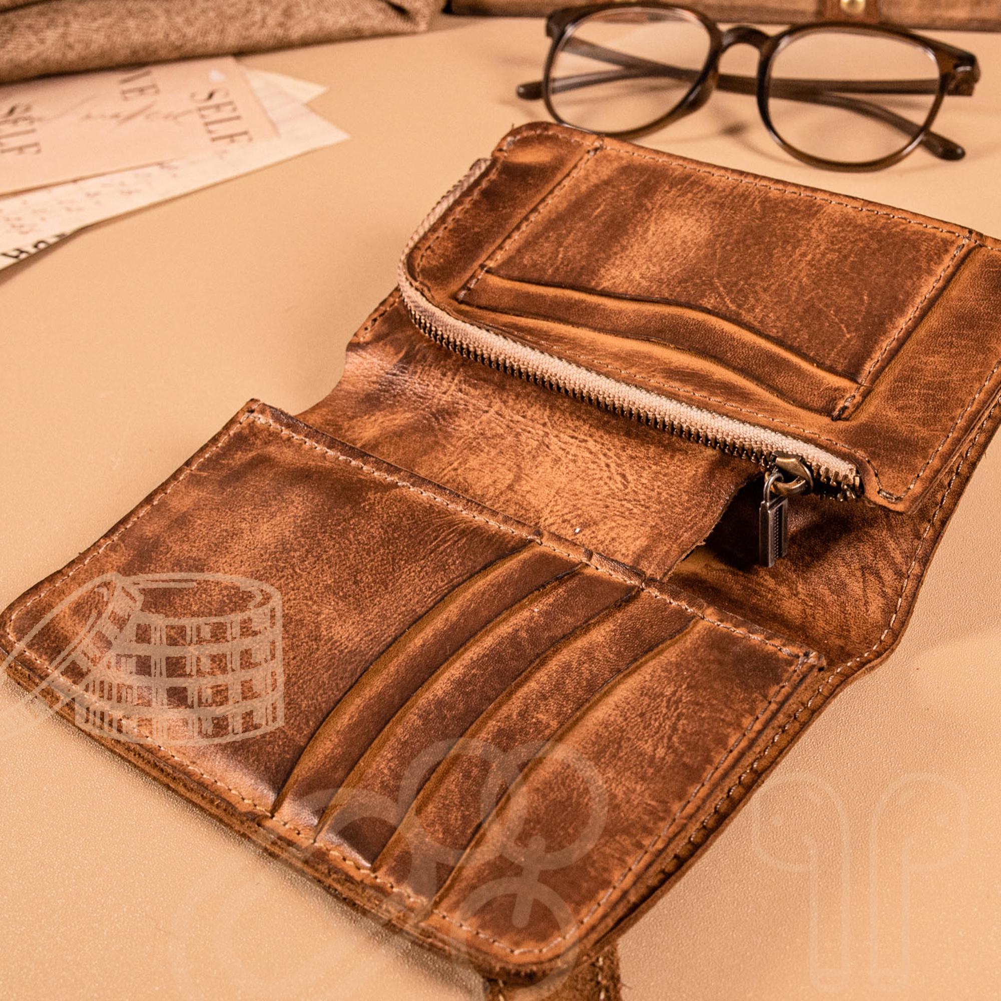 Distressed Genuine Leather Card Holder, Vintage Bifold Wallet With