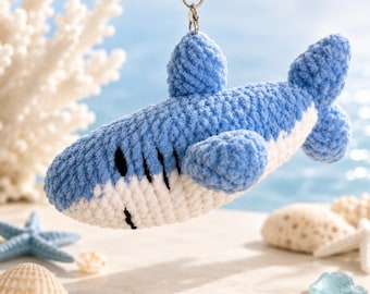Handmade Crochet Shark Keychain – Plush Ocean Bag Charm, Soft Blue Sea Creature Accessory