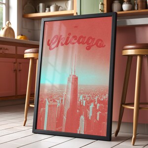 Chicago Vintage City Wall Art Print – Plakat Retro Urban Skyline do kuchni, biura, salonu – Oprawiony lub nieoprawiony Wystrój domu