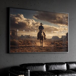 Stampa artistica da parete con cowboy western / Poster orizzontale Bold Land / Decorazione per la casa con paesaggio desertico rustico / Tela o regalo con cornice in stile country lodge