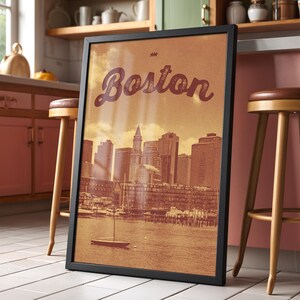 Póster digital de la ciudad de Boston con el horizonte retro: decoración urbana imprimible de estilo vintage, descarga instantánea para el hogar o la oficina.