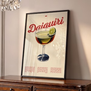 Impresión artística de pared con cóctel Daiquiri, póster de decoración de bar vintage, obra de arte de bebida de cocina retro, regalo artístico con receta de Daiquiri para el hogar