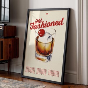 Sztuka ścienna w stylu staromodnego koktajlu | Plakat z przepisem na whisky w stylu vintage do kuchni lub baru | Klasyczny wystrój drinków z opcją ramki
