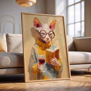 ワインを片手に読書する猫 – フェミニスト風の面白いウォールアート、キッチンやバーカート、彼女へのプレゼントにピッタリのファンキーな猫の肖像画