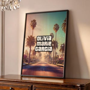Benutzerdefiniertes Namensposter im GTA-Stil - Personalisierter Wandkunstdruck mit Vor- und Nachnamen, gerahmtes Leinwand- oder Papierdekorgeschenk