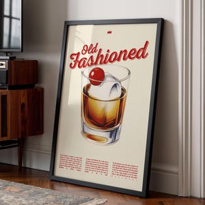 Póster de cócteles antiguos / Arte mural de whisky retro para cocina o bar / Receta de cóctel clásico imprimible / Decoración digital de bebidas