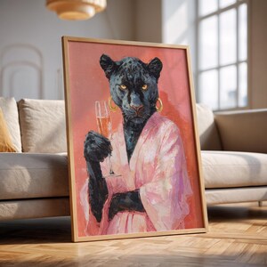 ファンキーな猫のポートレート、ブラックパンサーのカクテルウォールアートプリント。キッチンやバーカートの装飾に。フェミニストなヴィンテージデジタルアート。彼女へのギフトに。