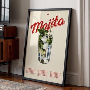 Arte mural con receta de cóctel mojito / Impresión digital para bar o cafetería / Póster retro de mojito / Arte imprimible de descarga instantánea