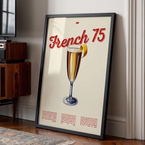 French 75 Cocktail Wall Art Print | Vintage Champagne Drink Poster do kuchni lub baru | Przepis na koktajle Artwork do wystroju domu