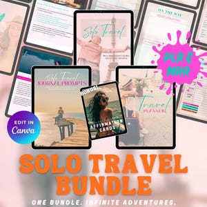 An advertisement for a digital travel bundle, featuring the words "TRAVEL BUNDLE" in white on a green background. The image showcases digital mockups of travel planners and journals, promoting travel resources.