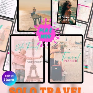 An advertisement for a digital travel bundle, featuring the words "TRAVEL BUNDLE" in white on a green background. The image showcases digital mockups of travel planners and journals, promoting travel resources.