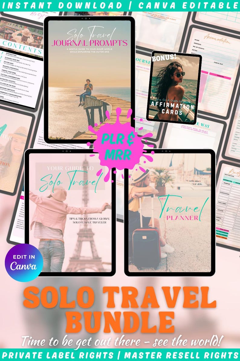 An advertisement for a digital travel bundle, featuring the words "TRAVEL BUNDLE" in white on a green background. The image showcases digital mockups of travel planners and journals, promoting travel resources.