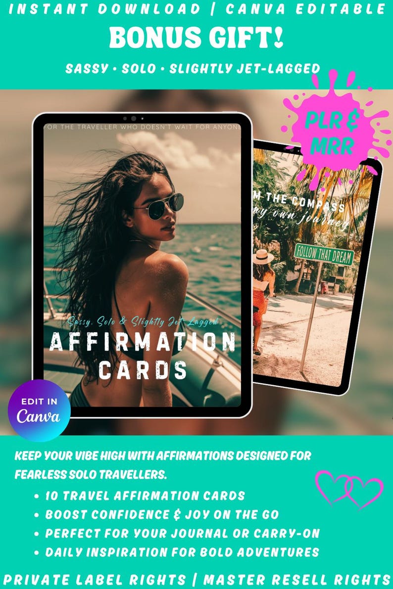 Digital affirmation cards for solo travellers, with the text "Affirmation Cards" and "Edit in Canva". The image features a woman on a boat and another image with a woman on a bike in Tulum, Mexico next to a sign with the words: "Follow that dream".
