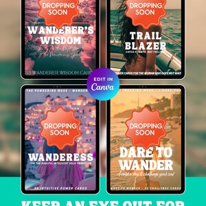 Matching affirmation cards available in shop: new and upcoming dropping soon: The Wanderer's Wisdom - Truths for the wild heart & the wandering spirit, new and upcoming dropping soon: Trail blazer - catch flights, not feelings, new and upcoming dropping soon: Wanderess - for the soulful introvert solo traveller, and new and upcoming dropping soon: Dare to wander - a card a day to challenge your soul. Followed by the text: Keep an eye out for these travel decks! Canva editable with PLR and MRR.