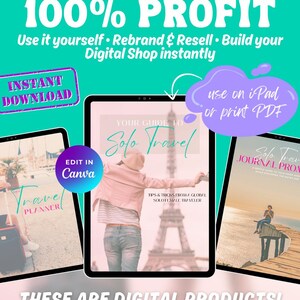 A green graphic advertising a solo travel bundle with the text "Resell for 100% Profit" and "Instant Download". The image shows digital product mockups, including a travel planner and prompts, for use on iPad or print.