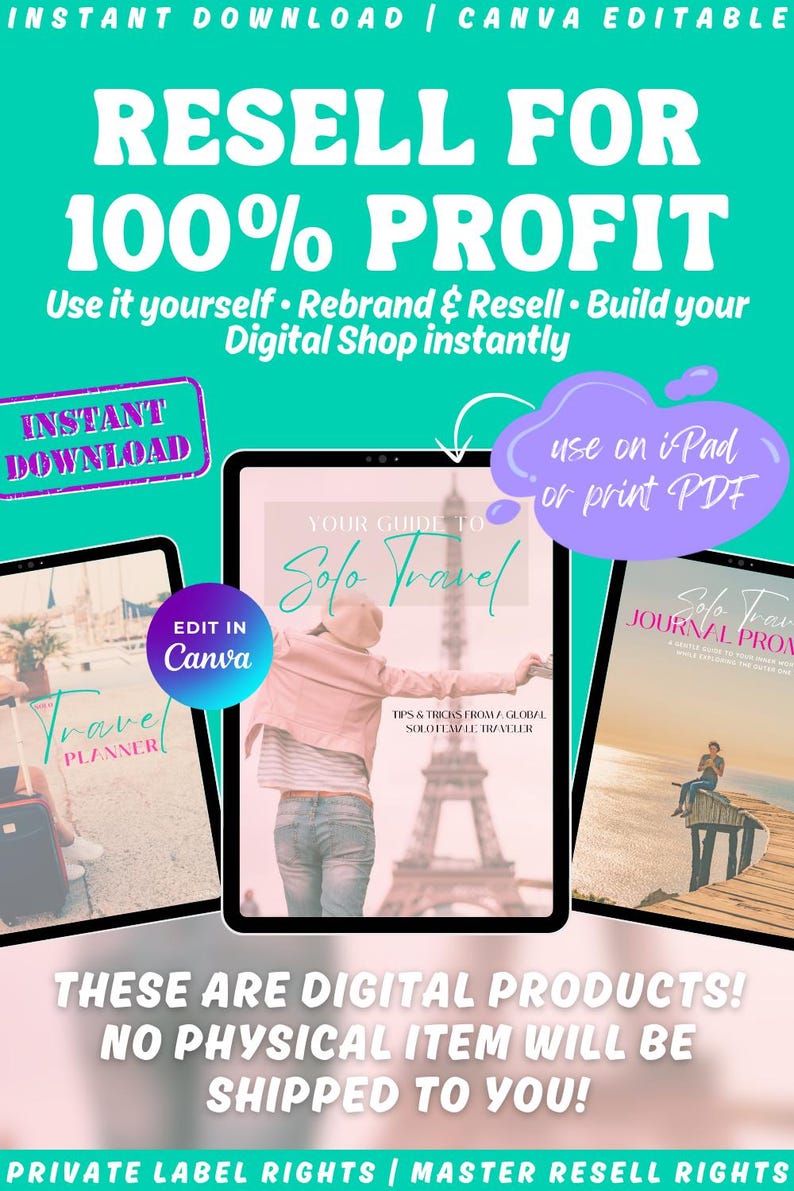 A green graphic advertising a solo travel bundle with the text "Resell for 100% Profit" and "Instant Download". The image shows digital product mockups, including a travel planner and prompts, for use on iPad or print.
