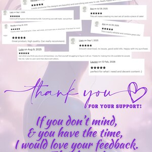 A purple and white graphic with customer reviews and the text "Thank You For Your Support!" The image includes star ratings and customer testimonials. The overall theme is appreciation and feedback.