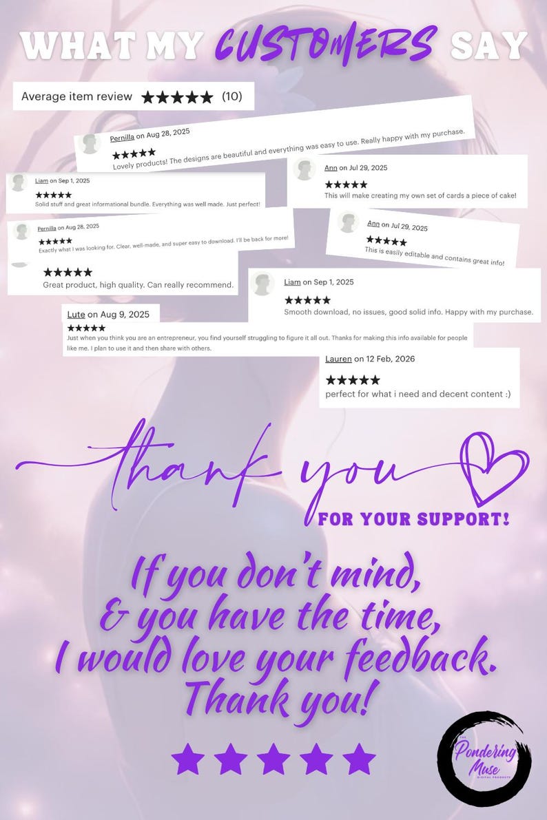 A purple and white graphic with customer reviews and the text "Thank You For Your Support!" The image includes star ratings and customer testimonials. The overall theme is appreciation and feedback.