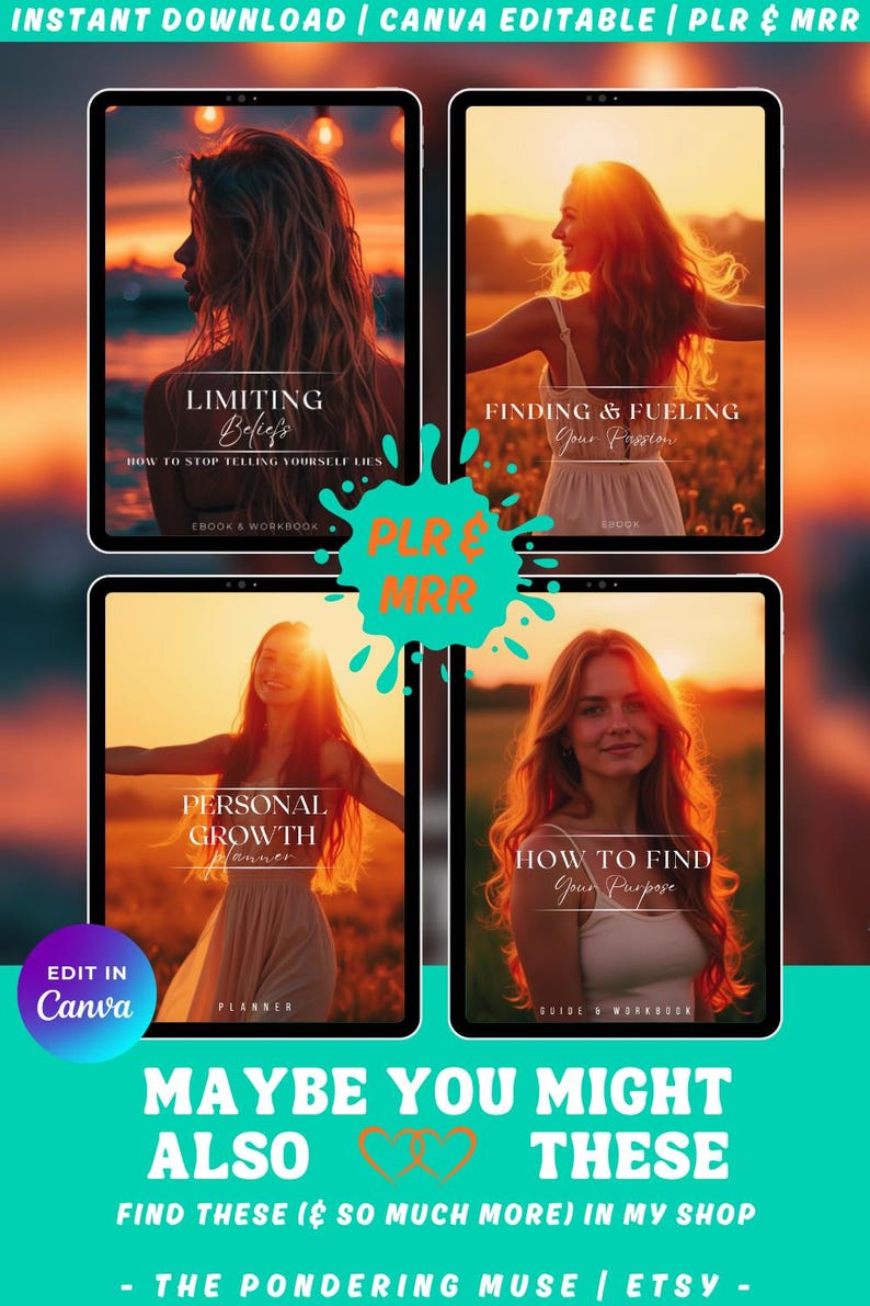 Matching digital guides and workbooks available in shop: Limiting Beliefs - how to stop telling yoursel lies, Finding & Fueling your passion, Personal growth Planner, and How to find your purpose. Canva editable with PLR and MRR.