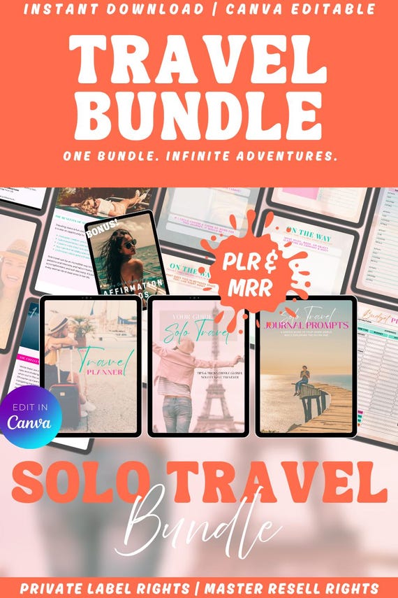 Solo Travel | Guide, Planner, Journal Prompts, Affirmation Cards | PLR | MRR | Canva Templates | Digital Download