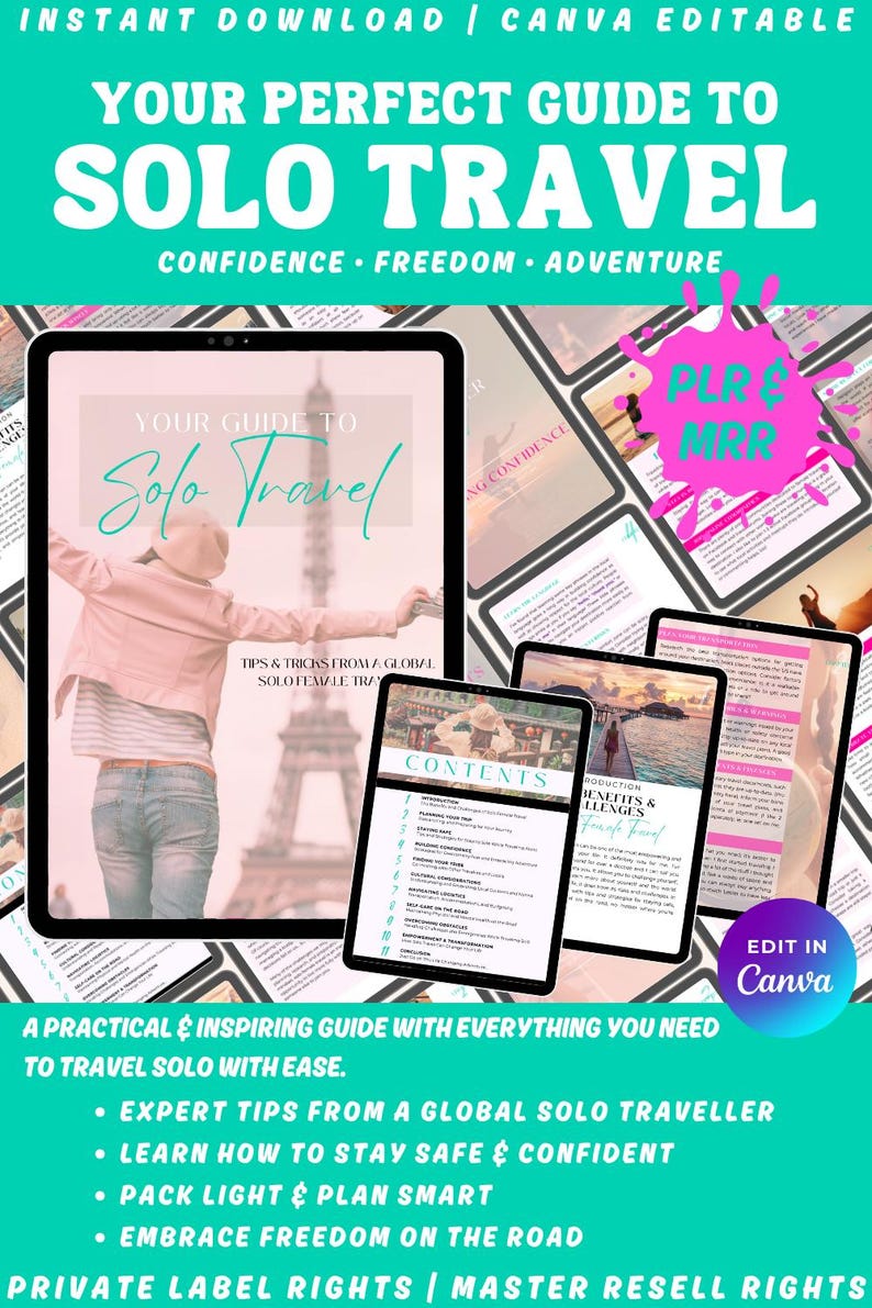 A digital guide titled "Your Perfect Guide to Solo Travel" with the text "Confidence, Freedom, Adventure." The image features a tablet displaying the guide, surrounded by related pages and the text "Edit in Canva."