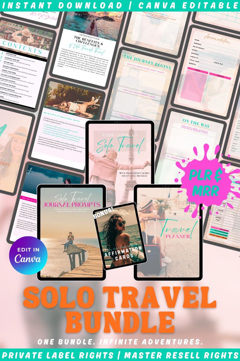 An advertisement for a digital travel bundle, featuring the words "TRAVEL BUNDLE" in white on a green background. The image showcases digital mockups of travel planners and journals, promoting travel resources.