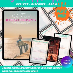 An advertisement for digital "Solo Travel Journal Prompts." The image shows a tablet displaying a journal cover with a person sitting on a wooden pier. The design includes text and graphics, with a vibrant green, pink, and orange colour scheme.
