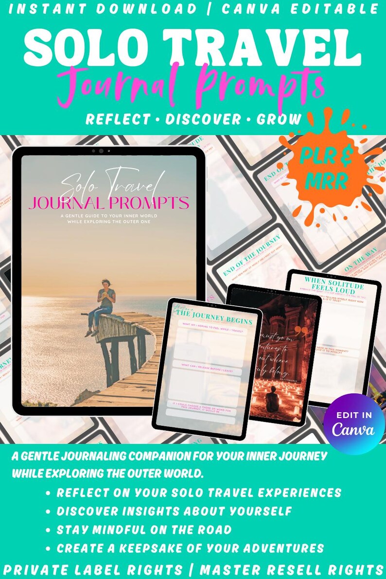 An advertisement for digital "Solo Travel Journal Prompts." The image shows a tablet displaying a journal cover with a person sitting on a wooden pier. The design includes text and graphics, with a vibrant green, pink, and orange colour scheme.