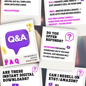 A series of white cards in a polaroid style, each with a question and answer about digital downloads. Topics include Canva Pro, PLR/MRR rights, refunds, and reselling on Etsy/Amazon. Each card has a question mark icon.