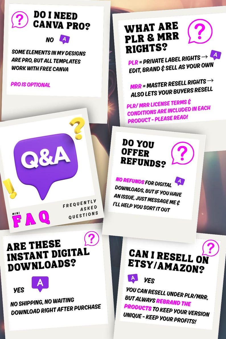 A series of white cards in a polaroid style, each with a question and answer about digital downloads. Topics include Canva Pro, PLR/MRR rights, refunds, and reselling on Etsy/Amazon. Each card has a question mark icon.
