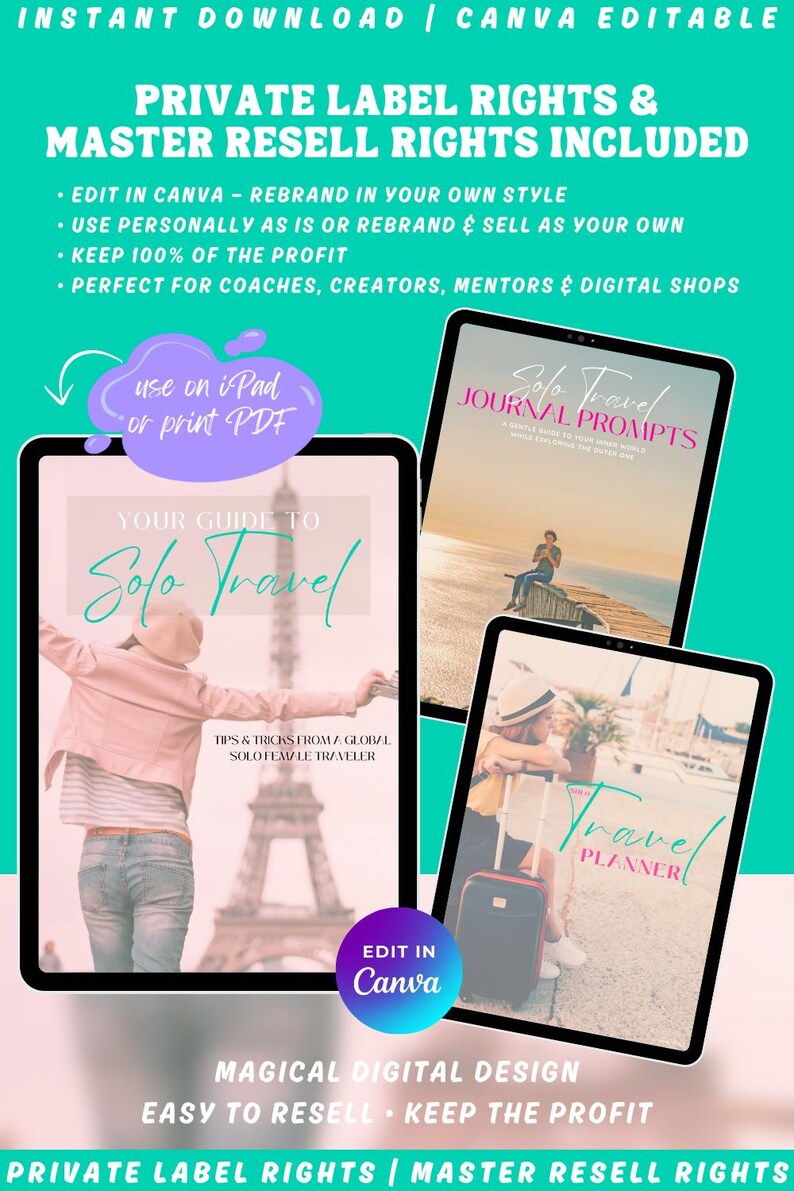 A green graphic advertising a solo travel bundle with the text "Resell for 100% Profit" and "Instant Download". The image shows digital product mockups, including a travel planner and prompts, for use on iPad or print.