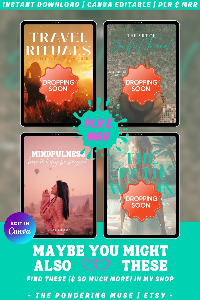 Matching digital guides and workbooks available in shop: new and upcoming dropping soon: Travel Rituals - for the soulful explorer, new and upcoming dropping soon: The art of soulful travel - your guide to journeying with intention, new and upcoming dropping soon: The path within - Journal prompts for the mindful traveller's journey, and Mindfulness - how to be truly present. Canva editable with PLR and MRR.