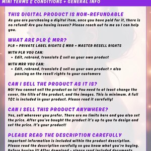 A digital product announcement with purple and white text. The text reads "Read this!" and provides information about the product, including that it is fully editable in Canva, and no graphic design skills are needed.