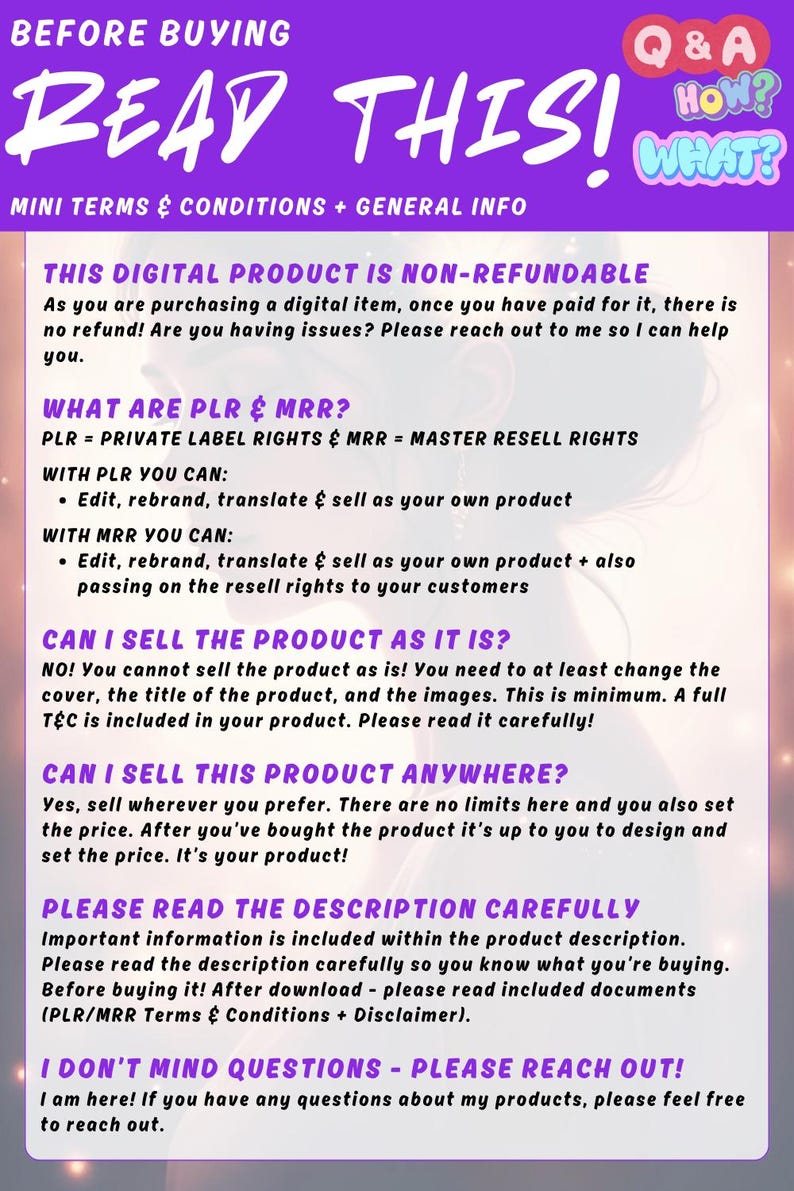 A digital product announcement with purple and white text. The text reads "Read this!" and provides information about the product, including that it is fully editable in Canva, and no graphic design skills are needed.