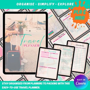 A digital travel planner with the text "SOLO TRAVEL PLANNER" and "ORGANISE • SIMPLIFY • EXPLORE". The image includes a person with a suitcase, and the text "EDIT IN Canva". The planner helps organise itineraries and budgets.
