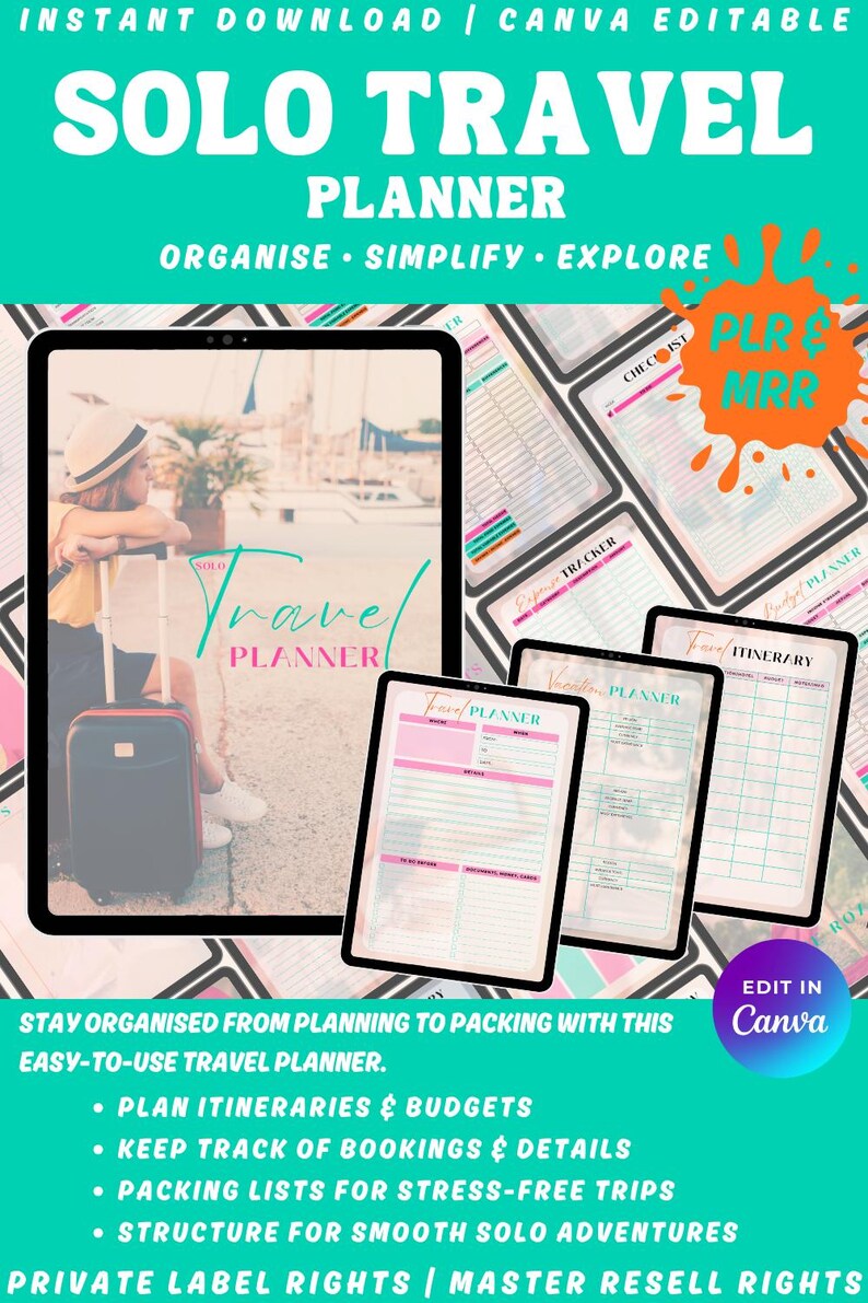 A digital travel planner with the text "SOLO TRAVEL PLANNER" and "ORGANISE • SIMPLIFY • EXPLORE". The image includes a person with a suitcase, and the text "EDIT IN Canva". The planner helps organise itineraries and budgets.